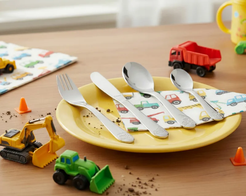 Kinderbesteck Baustellenhelden von Kuppels mit Spielzeugbaggern