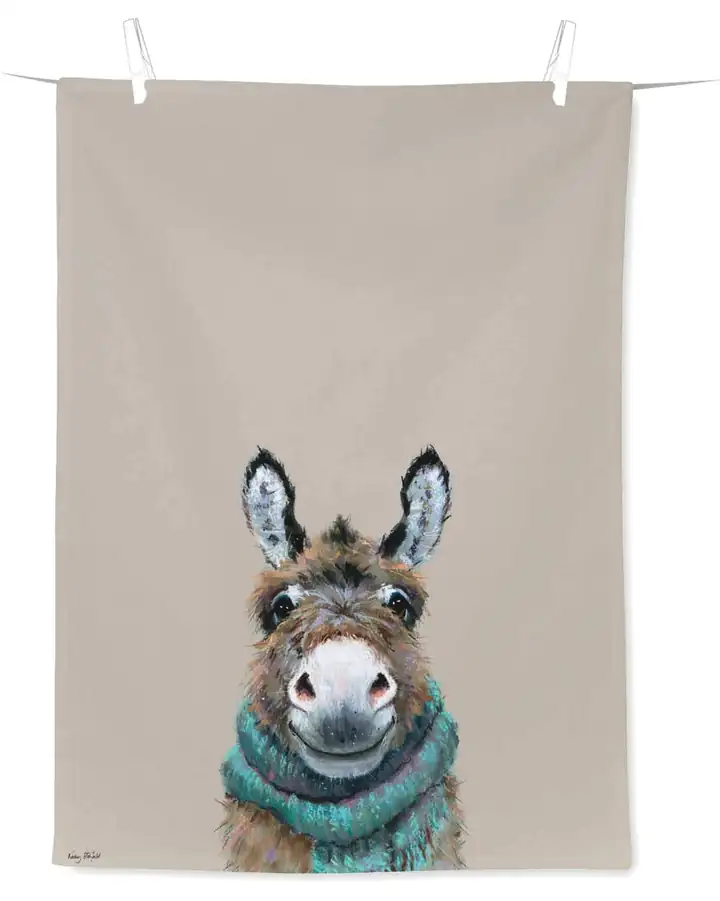 Geschirrtuch Donkey Nino von IHR in Leinenfarbe mit gemaltem Esel im türkisen Schal
