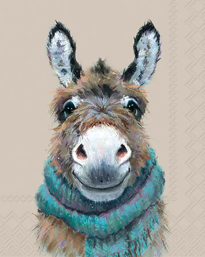 Serviette Donkey Nino von IHR mit gemaltem Esel im türkisen Schal