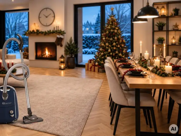Bodenstaubsauger SEBO AIRBELT E1 in einem weihnachtlichen Wohnzimmer, Bild mit KI Kennzeichnung