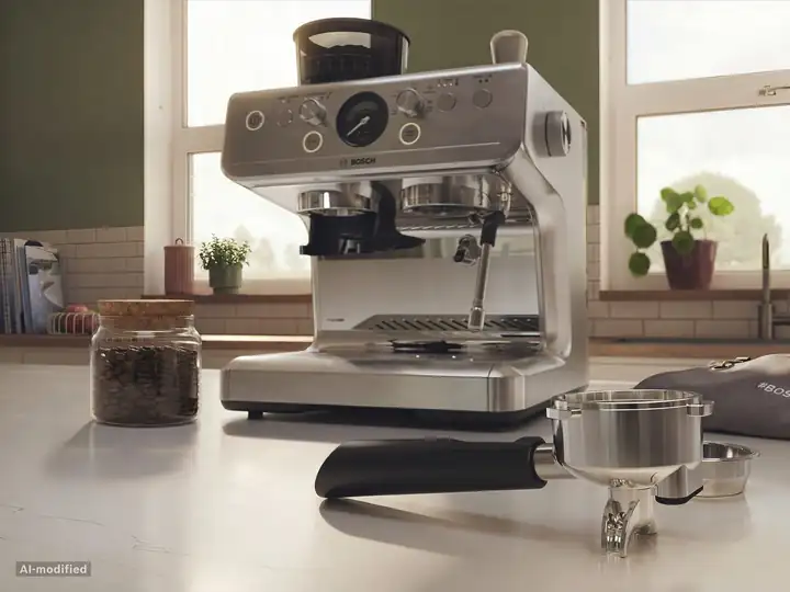 Bosch HomeCafé Serie 4 in einer hellen Küche, davor Siebträger, Kaffeebohnen im Glas und eine Barista Schürze