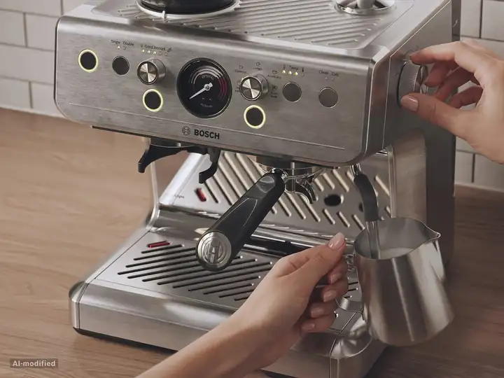 Hände schäumen Milch an der Bosch HomeCafé Serie 4, eine Hand stellt den Dampfregler ein