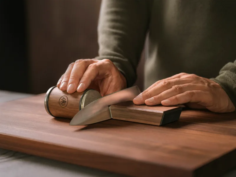 Hände schärfen ein Kochmesser mit dem HORL 3 Rollschleifer aus Walnuss auf einem Holzbrett