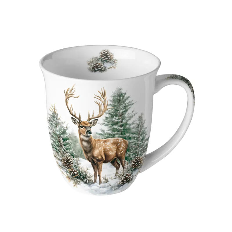 Henkelbecher Winter Stag mit Hirsch zwischen Tannen