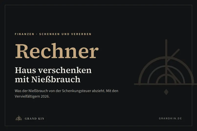 Grafik von GRAND KIN in Schwarz und Messing: Rechner. Haus verschenken mit Nießbrauch