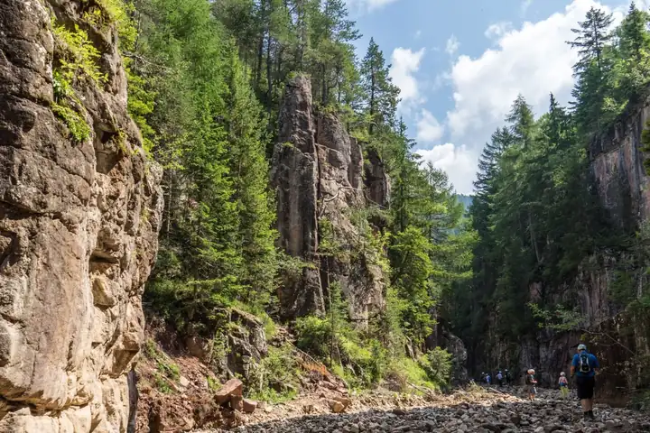 Wanderer im breiten Geröllbett der Bletterbachschlucht zwischen hohen Felswänden und Fichten