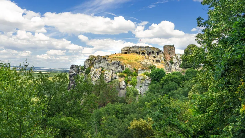 Burg und Festung Regenstein auf einem Sandsteinfelsen über dem Wald bei Blankenburg
