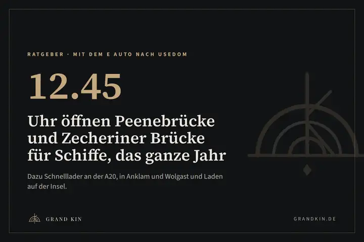 Grafik von GRAND KIN in Schwarz und Messing: 12.45 Uhr öffnen Peenebrücke und Zecheriner Brücke für Schiffe, das ganze Jahr