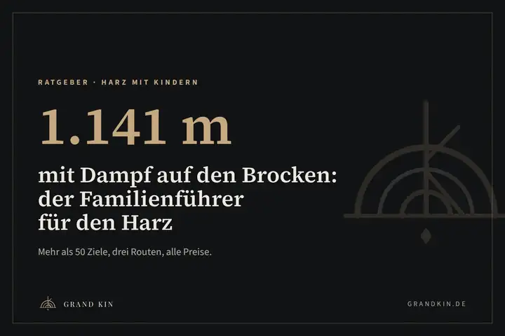 Grafik von GRAND KIN in Schwarz und Messing: 1.141 m, mit Dampf auf den Brocken, der Familienführer für den Harz