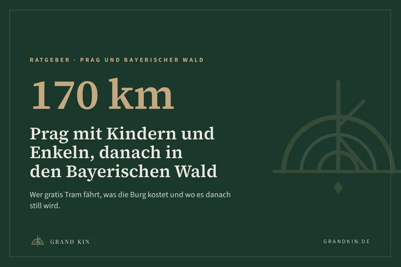 Grafik von GRAND KIN in Smaragdgrün: 170 km, Prag mit Kindern und Enkeln, danach in den Bayerischen Wald