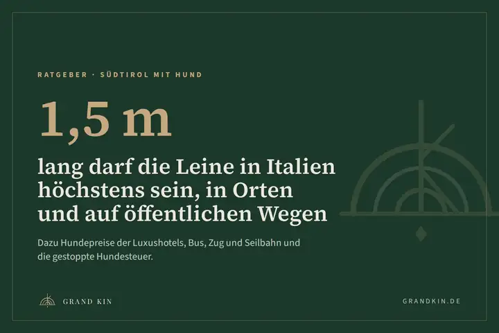 Grafik von GRAND KIN in Dunkelgrün: 1,5 m lang darf die Leine in Italien höchstens sein, in Orten und auf öffentlichen Wegen