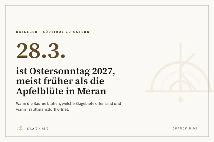Grafik von GRAND KIN in Cremeweiß: 28.3. ist Ostersonntag 2027, meist früher als die Apfelblüte in Meran