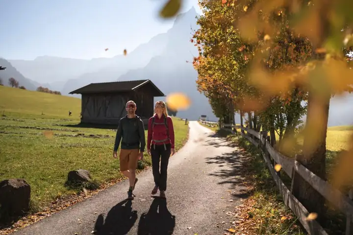 Zwei Wanderer auf einem asphaltierten Weg zwischen Wiesen, rechts ein Holzzaun und herbstlich gelbe Bäume, links ein Heustadel, im Hintergrund Berge im Gegenlicht