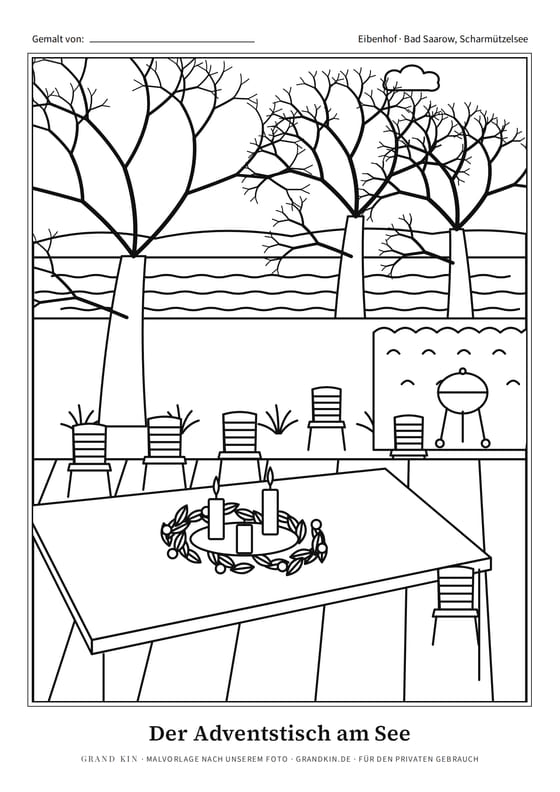 Malvorlage zum Ausmalen: Der Adventstisch am See, gezeichnet nach unserem Foto aus dem Dossier Eibenhof Bad Saarow, Haus am See