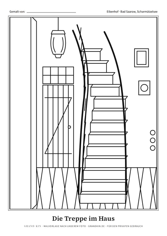 Malvorlage zum Ausmalen: Die Treppe im Haus, gezeichnet nach unserem Foto aus dem Dossier Eibenhof Bad Saarow, Haus am See