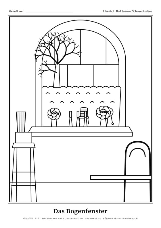 Malvorlage zum Ausmalen: Das Bogenfenster, gezeichnet nach unserem Foto aus dem Dossier Eibenhof Bad Saarow, Haus am See