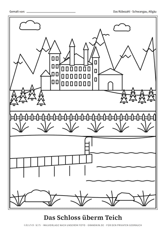 Malvorlage zum Ausmalen: Das Schloss überm Teich, gezeichnet nach unserem Foto aus dem Dossier Das Rübezahl Schwangau