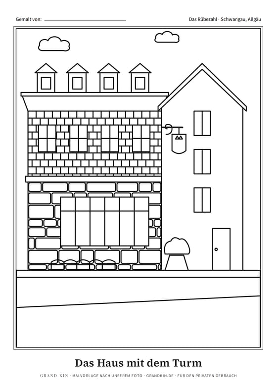 Malvorlage zum Ausmalen: Das Haus mit dem Turm, gezeichnet nach unserem Foto aus dem Dossier Das Rübezahl Schwangau
