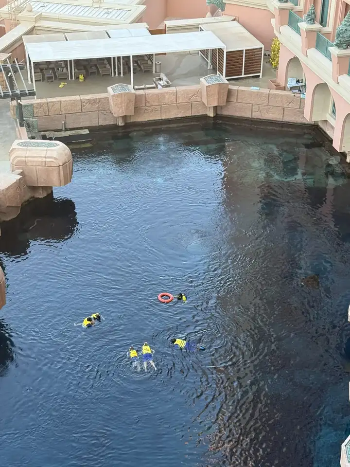 Schnorchelgruppe mit gelben Schwimmwesten in der Lagune von Atlantis The Palm, von oben fotografiert
