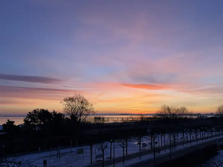 Morgenrot über der Ostsee, davor Bäume und die Seebrücke als Silhouette