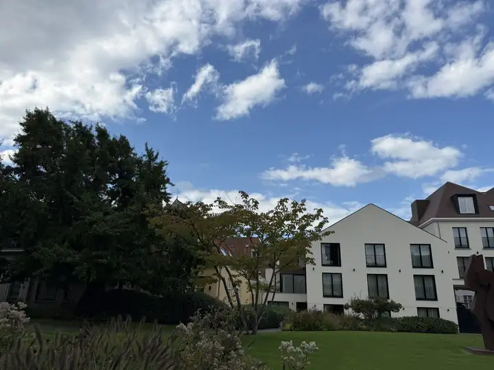 Weißer Hotelflügel des Dukes' Palace mit schwarzen Fensterrahmen hinter Bäumen und Rasen unter blauem Himmel