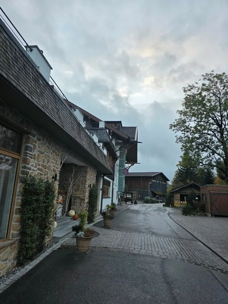 Straße am Hotel mit Natursteinwand, Pflanzkübeln und Holzhäusern, im Hintergrund ein Baum im Herbstlaub