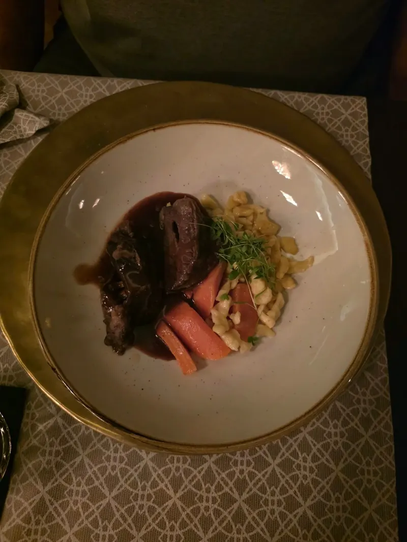 Hauptgang auf einem weißen Teller mit Goldrand: dunkles Fleisch mit Sauce, Spätzle und Karotten