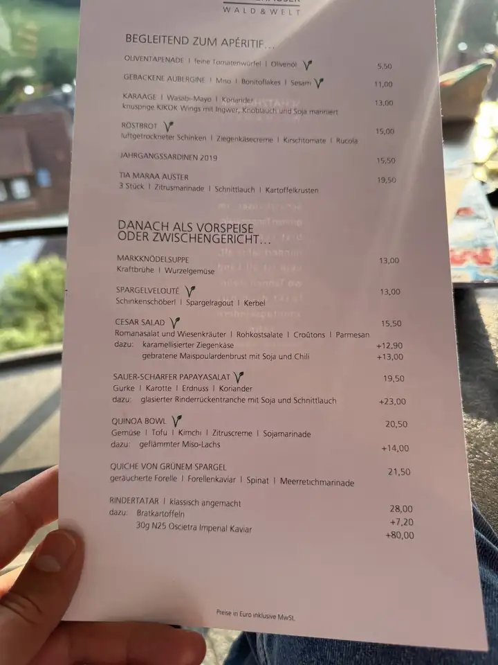 Speisekarte des Schatzhauser mit Vorspeisen und Zwischengerichten und Preisen in Euro