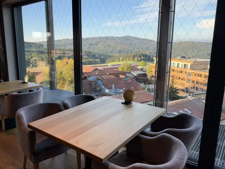 Tisch aus hellem Holz mit Polstersesseln an einer Fensterfront im Restaurant OHM, draußen Dächer und bewaldete Hügel